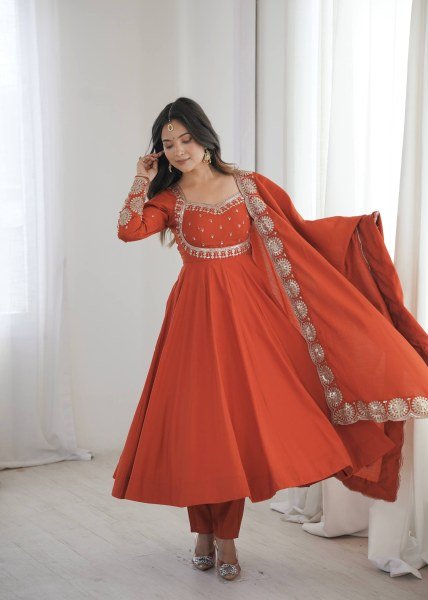 Legendary Orange Roman Silk Anarkali Set With Chanderi Dupatta With For Ethnic Anarkali Women Outfit Ready To Wear Collection