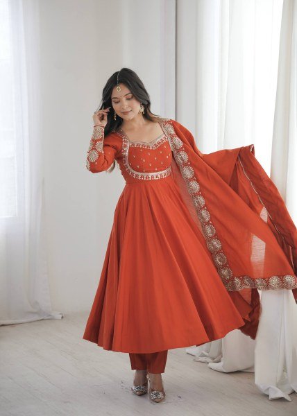 Legendary Orange Roman Silk Anarkali Set With Chanderi Dupatta With For Ethnic Anarkali Women Outfit Ready To Wear Collection