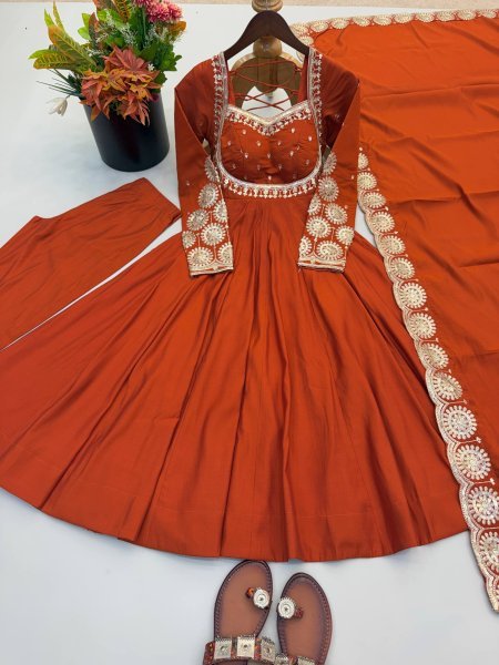 Legendary Orange Roman Silk Anarkali Set With Chanderi Dupatta With For Ethnic Anarkali Women Outfit Ready To Wear Collection