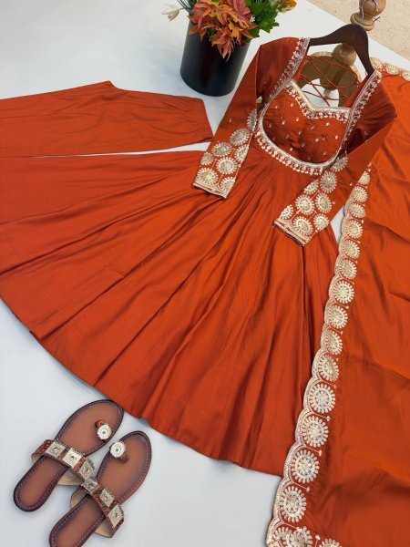 Legendary Orange Roman Silk Anarkali Set With Chanderi Dupatta With For Ethnic Anarkali Women Outfit Ready To Wear Collection