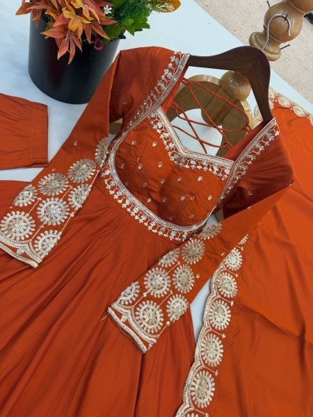 Legendary Orange Roman Silk Anarkali Set With Chanderi Dupatta With For Ethnic Anarkali Women Outfit Ready To Wear Collection