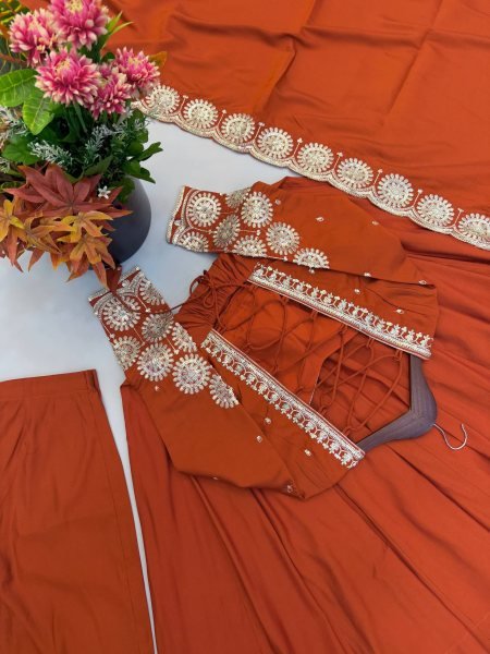 Legendary Orange Roman Silk Anarkali Set With Chanderi Dupatta With For Ethnic Anarkali Women Outfit Ready To Wear Collection
