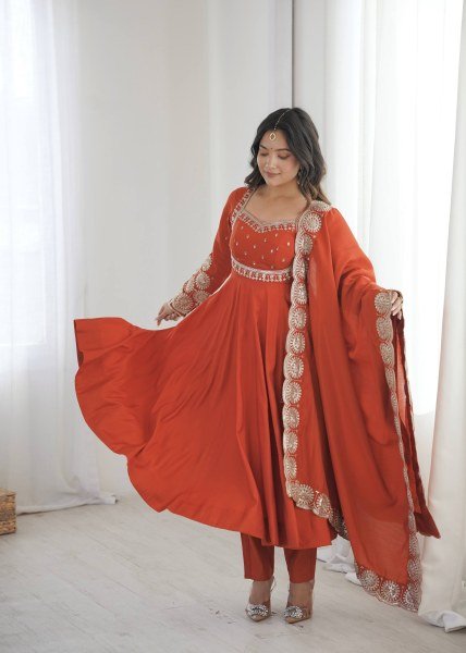 Legendary Orange Roman Silk Anarkali Set With Chanderi Dupatta With For Ethnic Anarkali Women Outfit Ready To Wear Collection