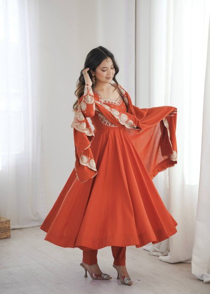 Legendary Orange Roman Silk Anarkali Set With Chanderi Dupatta With For Ethnic Anarkali Women Outfit Ready To Wear Collection