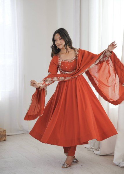 Legendary Orange Roman Silk Anarkali Set With Chanderi Dupatta With For Ethnic Anarkali Women Outfit Ready To Wear Collection