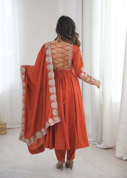 Legendary Orange Roman Silk Anarkali Set With Chanderi Dupatta With For Ethnic Anarkali Women Outfit Ready To Wear Collection