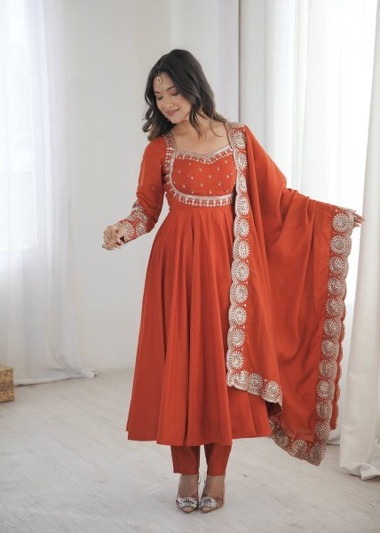 Legendary Orange Roman Silk Anarkali Set With Chanderi Dupatta With For Ethnic Anarkali Women Outfit Ready To Wear Collection