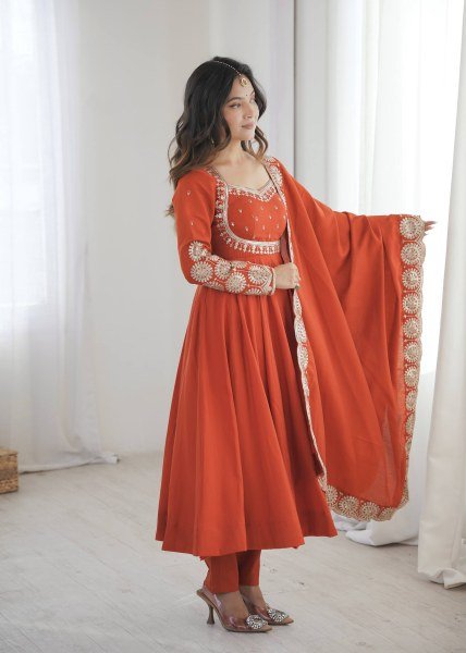 Legendary Orange Roman Silk Anarkali Set With Chanderi Dupatta With For Ethnic Anarkali Women Outfit Ready To Wear Collection