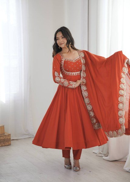 Legendary Orange Roman Silk Anarkali Set With Chanderi Dupatta With For Ethnic Anarkali Women Outfit Ready To Wear Collection