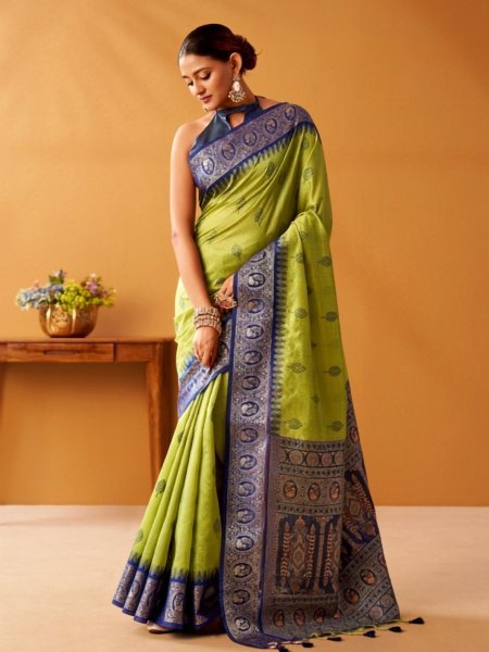 Tailored Parrot Green Modal Fancy Cotton Saree with Pochampally Pallu for Festive Wear 