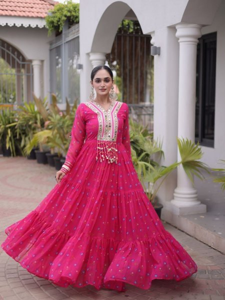 Tailored Pink Navratri Faux Georgette Gown with Kutchi Patchwork Design Shop by Occasion