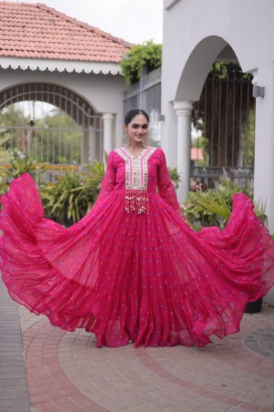 Tailored Pink Navratri Faux Georgette Gown with Kutchi Patchwork Design Anarkali Kurtis 