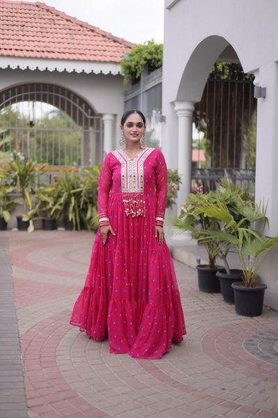 Tailored Pink Navratri Faux Georgette Gown with Kutchi Patchwork Design Anarkali Kurtis 