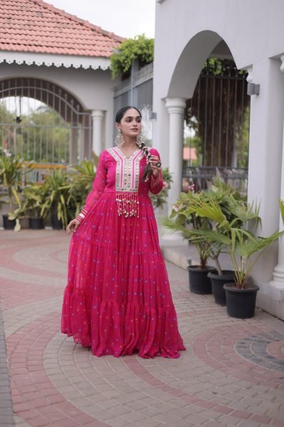 Tailored Pink Navratri Faux Georgette Gown with Kutchi Patchwork Design Anarkali Kurtis 