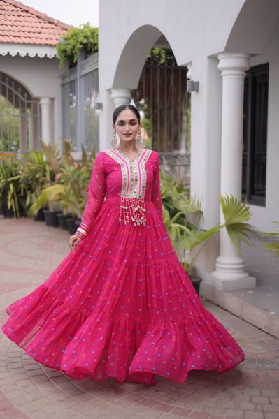 Tailored Pink Navratri Faux Georgette Gown with Kutchi Patchwork Design Anarkali Kurtis 
