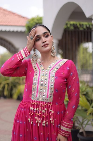 Tailored Pink Navratri Faux Georgette Gown with Kutchi Patchwork Design Anarkali Kurtis 