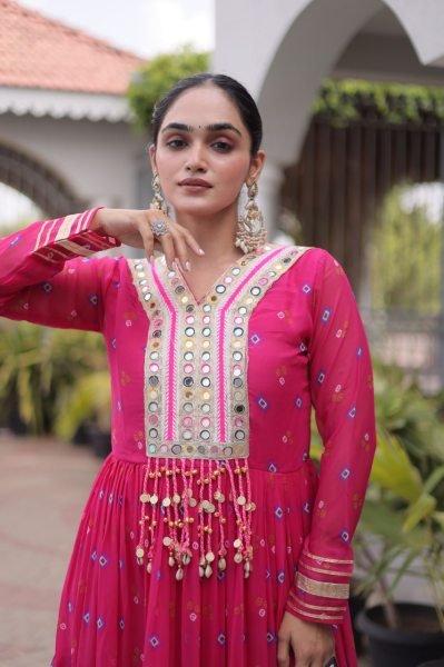 Tailored Pink Navratri Faux Georgette Gown with Kutchi Patchwork Design Anarkali Kurtis 