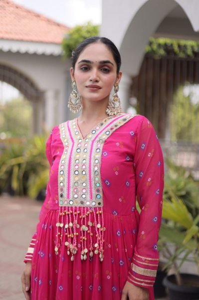 Tailored Pink Navratri Faux Georgette Gown with Kutchi Patchwork Design Anarkali Kurtis 