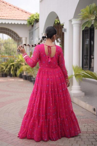 Tailored Pink Navratri Faux Georgette Gown with Kutchi Patchwork Design Anarkali Kurtis 