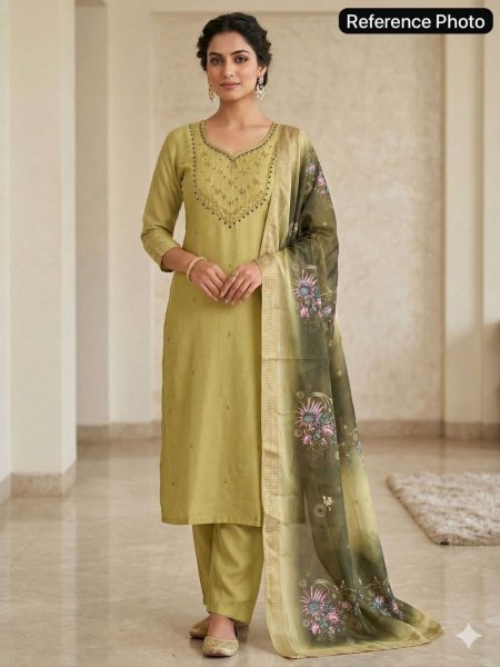 Tailored Pista Chanderi Kurti Set with Heavily Embroidered Neckline Kurtis