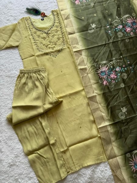 Tailored Pista Chanderi Kurti Set with Heavily Embroidered Neckline  Straight Cut Long Kurtis