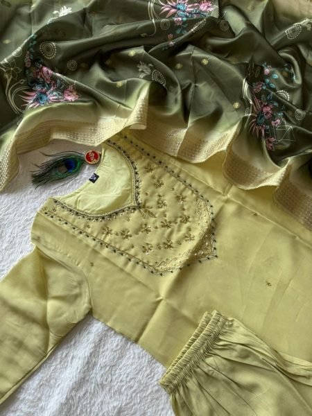 Tailored Pista Chanderi Kurti Set with Heavily Embroidered Neckline  Straight Cut Long Kurtis