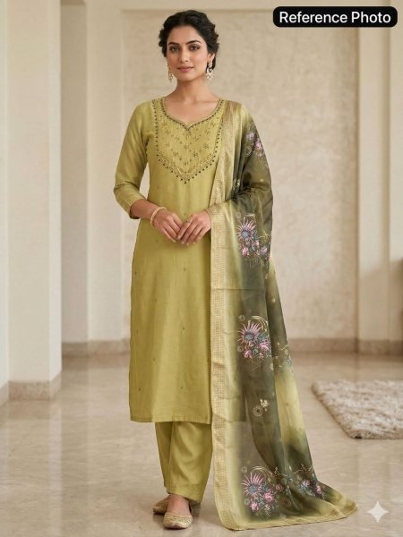 Tailored Pista Chanderi Kurti Set with Heavily Embroidered Neckline  Straight Cut Long Kurtis