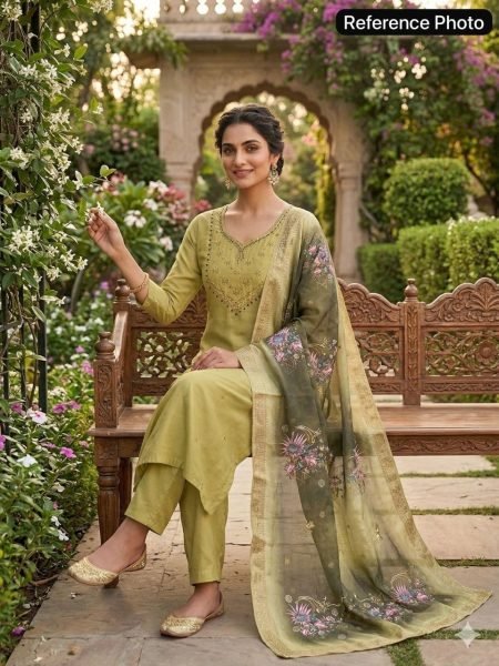 Tailored Pista Chanderi Kurti Set with Heavily Embroidered Neckline  Straight Cut Long Kurtis