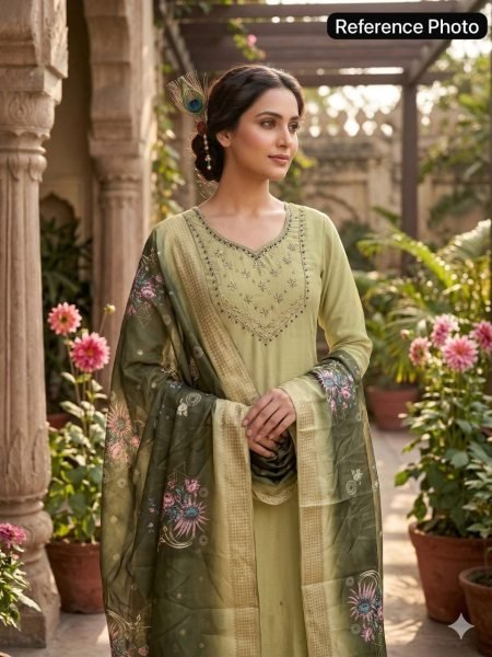 Tailored Pista Chanderi Kurti Set with Heavily Embroidered Neckline  Straight Cut Long Kurtis
