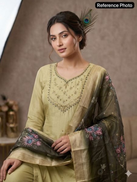 Tailored Pista Chanderi Kurti Set with Heavily Embroidered Neckline  Straight Cut Long Kurtis