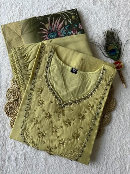 Tailored Pista Chanderi Kurti Set with Heavily Embroidered Neckline  Straight Cut Long Kurtis