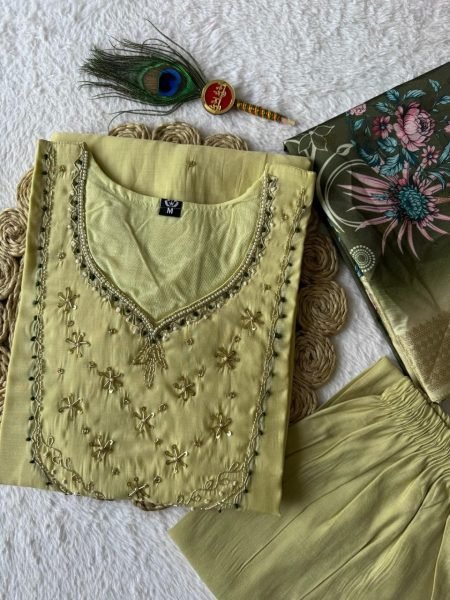 Tailored Pista Chanderi Kurti Set with Heavily Embroidered Neckline  Straight Cut Long Kurtis