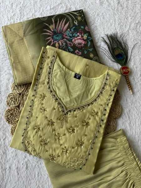 Tailored Pista Chanderi Kurti Set with Heavily Embroidered Neckline  Straight Cut Long Kurtis