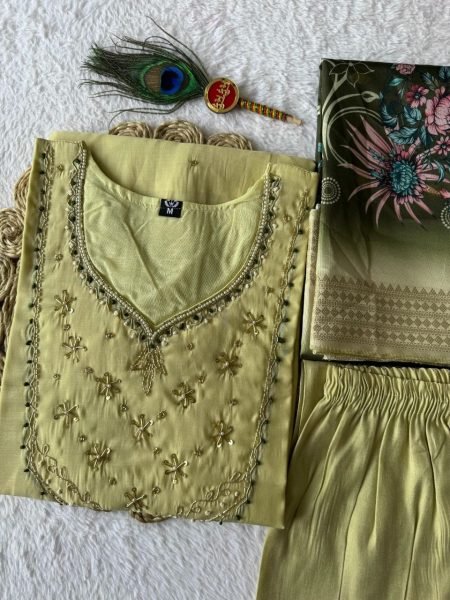 Tailored Pista Chanderi Kurti Set with Heavily Embroidered Neckline  Straight Cut Long Kurtis