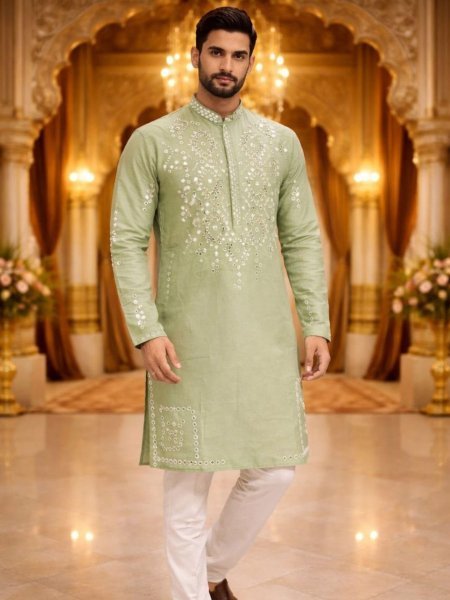 Tailored Pista Green Silk Embroidered Kurta Pyjama for Festive Wear Mens Wear