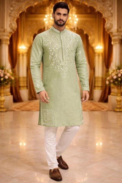 Tailored Pista Green Silk Embroidered Kurta Pyjama for Festive Wear Kurta Pajama Wholesale