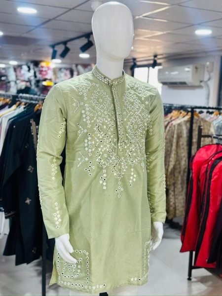 Tailored Pista Green Silk Embroidered Kurta Pyjama for Festive Wear Kurta Pajama Wholesale