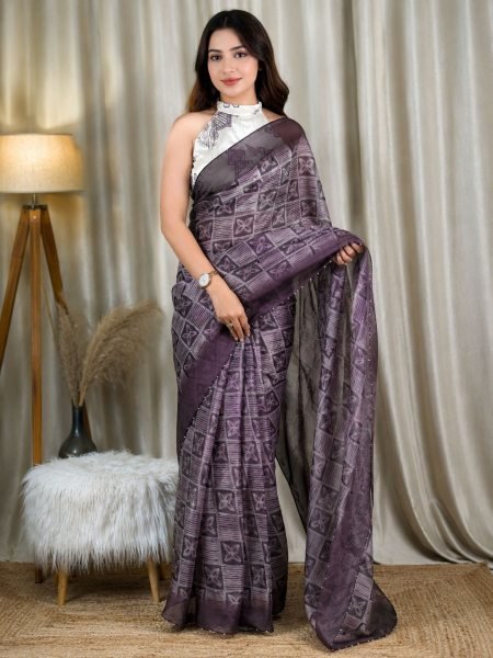 Tailored Purple Dull Glass Organza Saree with Designer Thread Embroidered Banglori Satin Blouse 