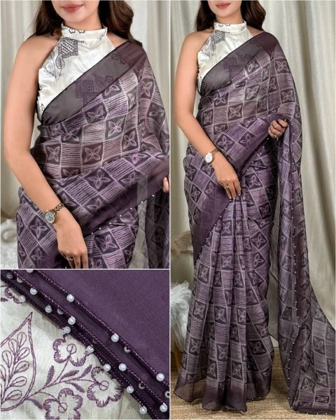 Tailored Purple Dull Glass Organza Saree with Designer Thread Embroidered Banglori Satin Blouse Organza Sarees Wholesale
