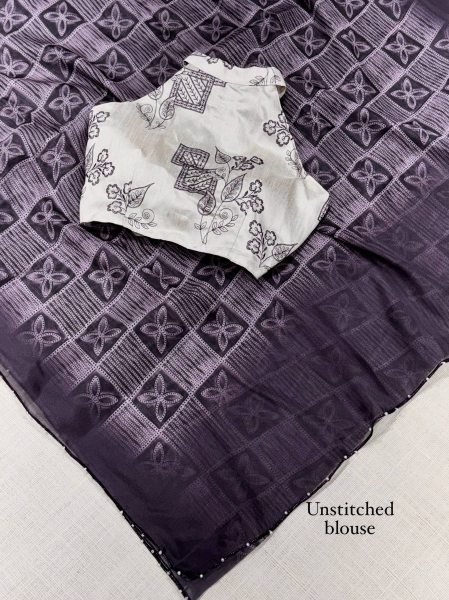 Tailored Purple Dull Glass Organza Saree with Designer Thread Embroidered Banglori Satin Blouse Organza Sarees Wholesale