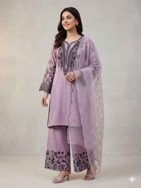Tailored Purple Embroidered Palazzo Suit with Organza Dupatta for Women Ready To Wear Suit