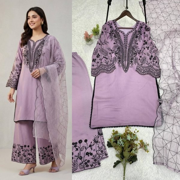 Tailored Purple Embroidered Palazzo Suit with Organza Dupatta for Women Ready To Wear Collection