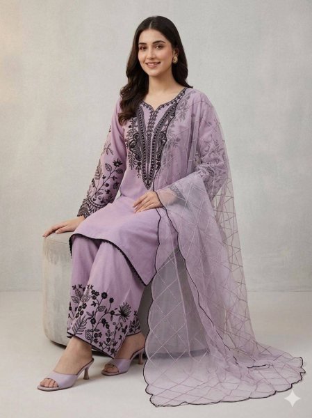 Tailored Purple Embroidered Palazzo Suit with Organza Dupatta for Women Ready To Wear Collection
