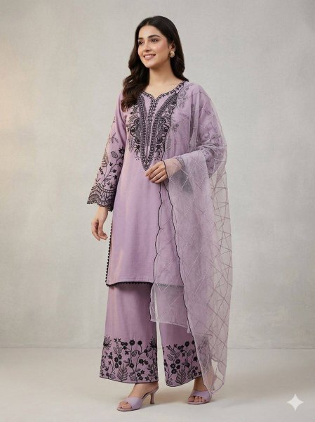Tailored Purple Embroidered Palazzo Suit with Organza Dupatta for Women Ready To Wear Collection