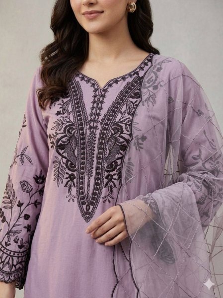 Tailored Purple Embroidered Palazzo Suit with Organza Dupatta for Women Ready To Wear Collection