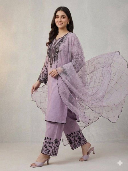 Tailored Purple Embroidered Palazzo Suit with Organza Dupatta for Women Ready To Wear Collection