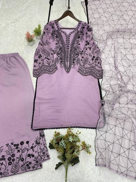 Tailored Purple Embroidered Palazzo Suit with Organza Dupatta for Women Ready To Wear Collection