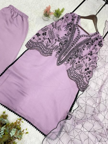 Tailored Purple Embroidered Palazzo Suit with Organza Dupatta for Women Ready To Wear Collection