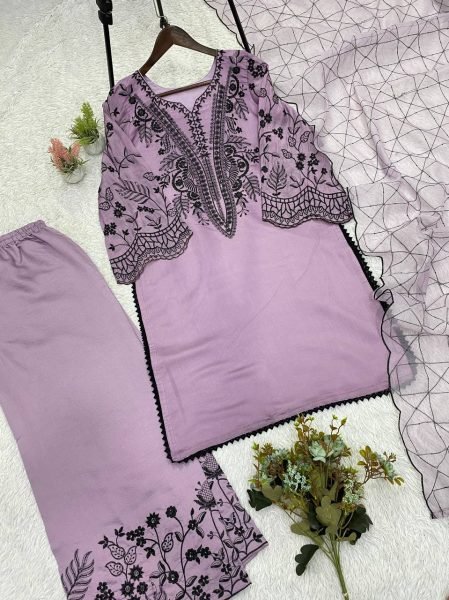 Tailored Purple Embroidered Palazzo Suit with Organza Dupatta for Women Ready To Wear Collection