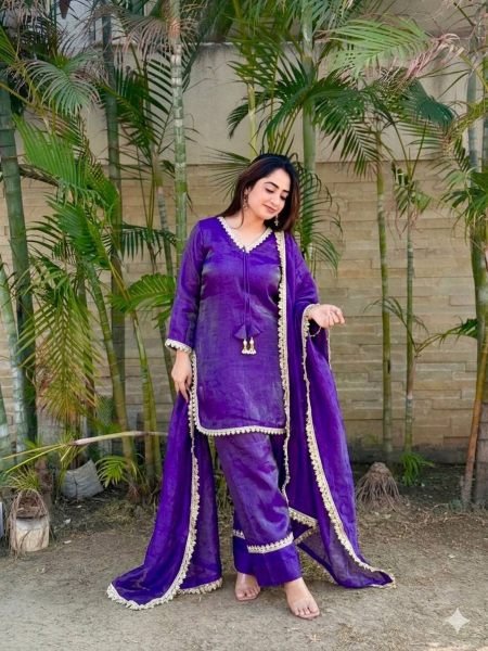 Tailored Purple Fendi Satin Silk Suit with Sequin and Zari Dupatta at Factory Price 